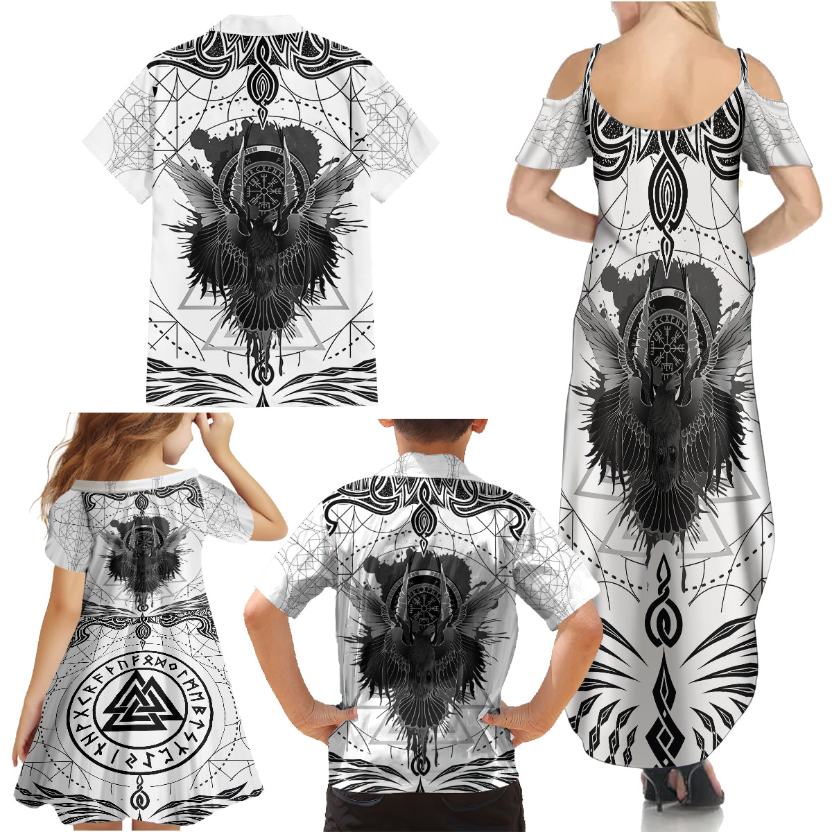 Mystic Valknut and Viking Circle Family Matching Summer Maxi Dress and Hawaiian Shirt with Twin Raven Accents - Wonder Print Shop