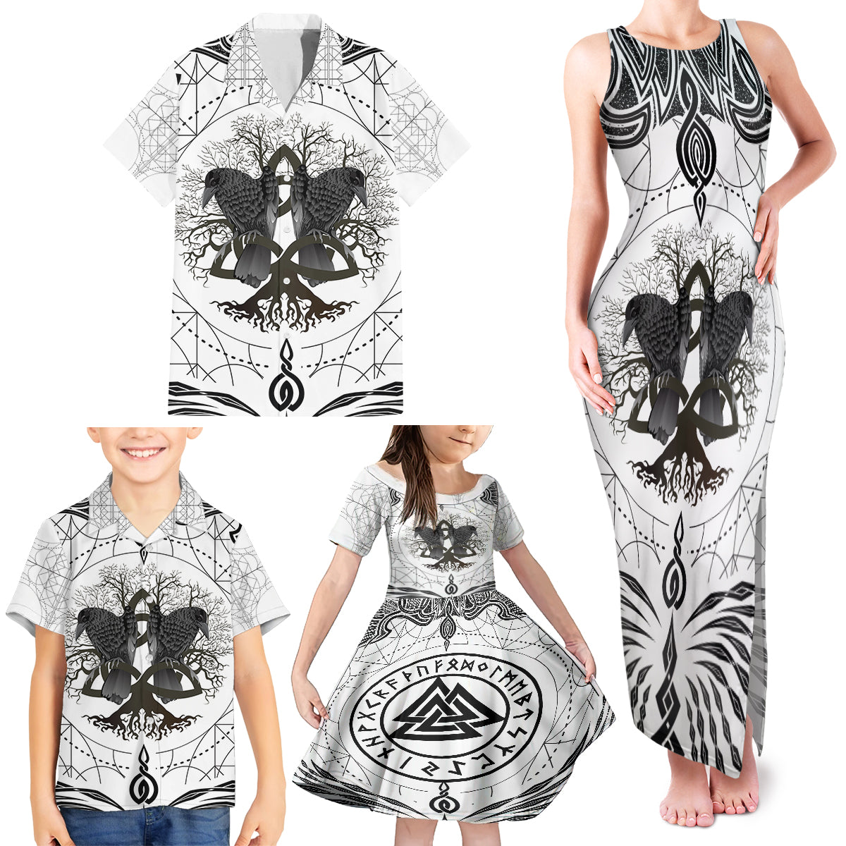 Mystic Valknut and Viking Circle Family Matching Tank Maxi Dress and Hawaiian Shirt with Twin Raven Accents - Wonder Print Shop