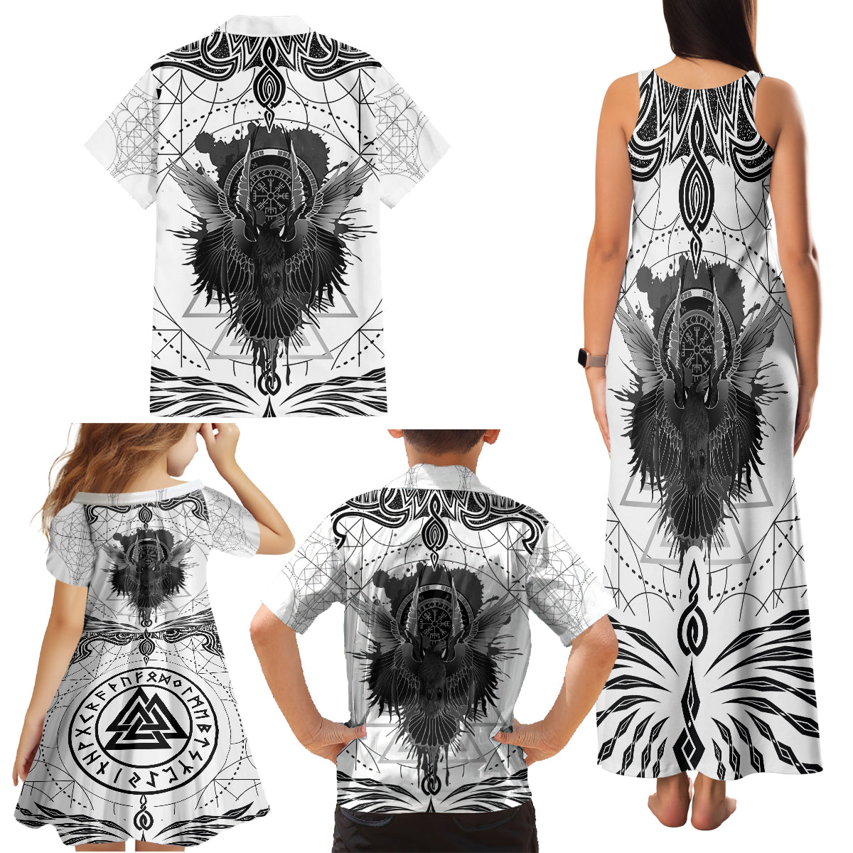Mystic Valknut and Viking Circle Family Matching Tank Maxi Dress and Hawaiian Shirt with Twin Raven Accents - Wonder Print Shop