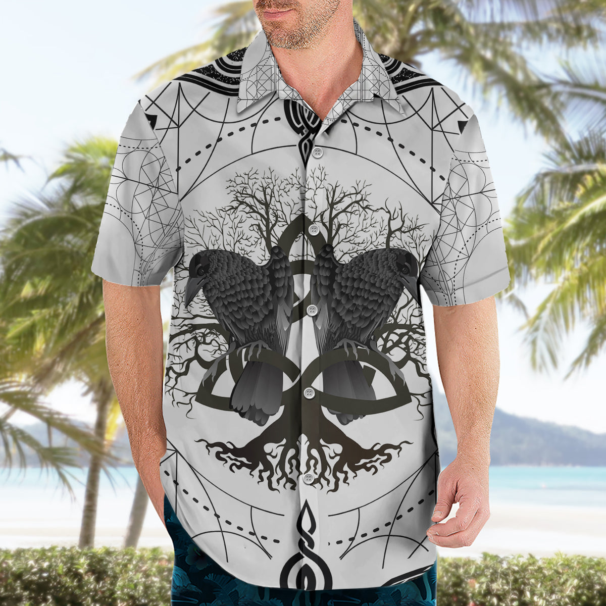 Mystic Valknut and Viking Circle Hawaiian Shirt with Twin Raven Accents - Wonder Print Shop