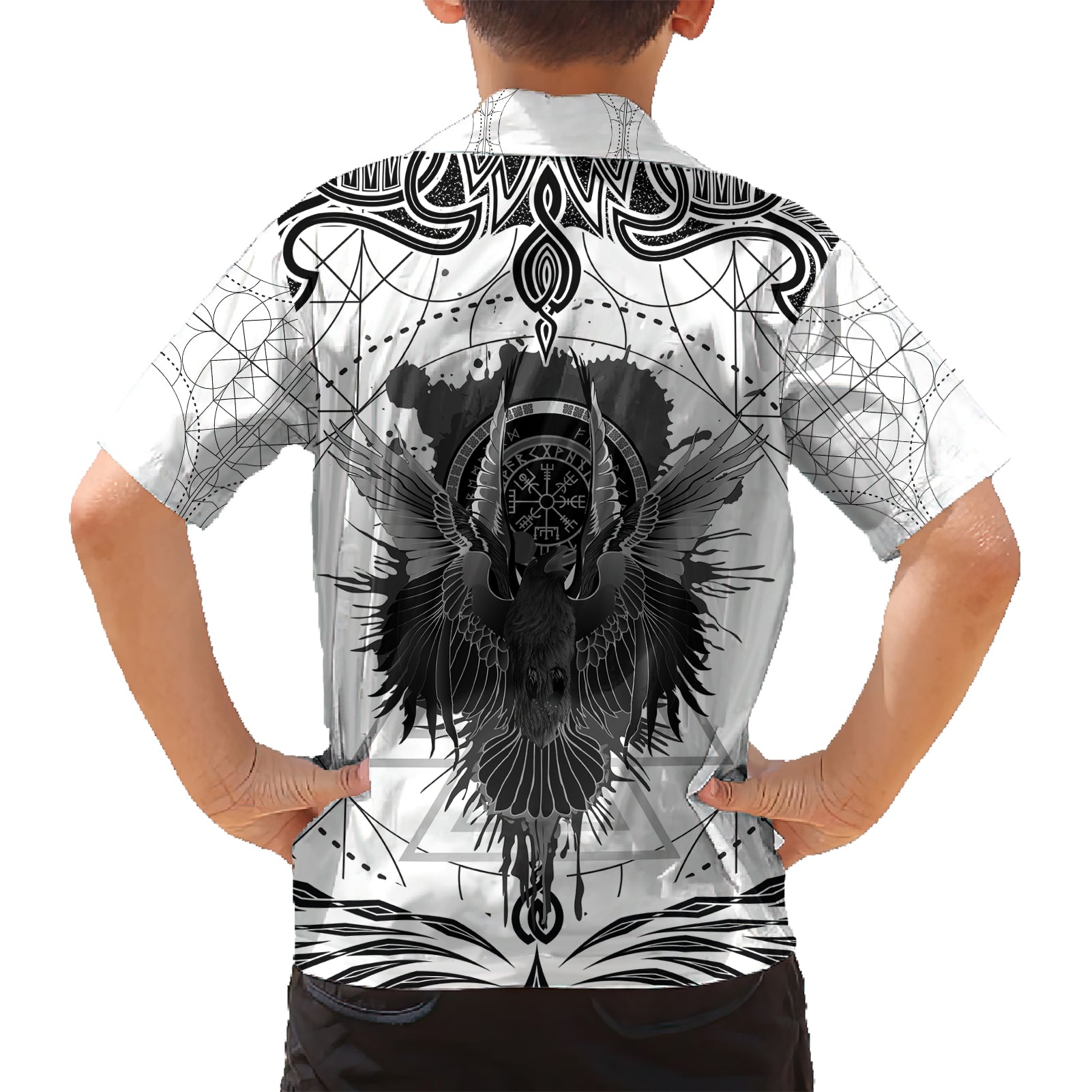 Mystic Valknut and Viking Circle Kid Hawaiian Shirt with Twin Raven Accents - Wonder Print Shop