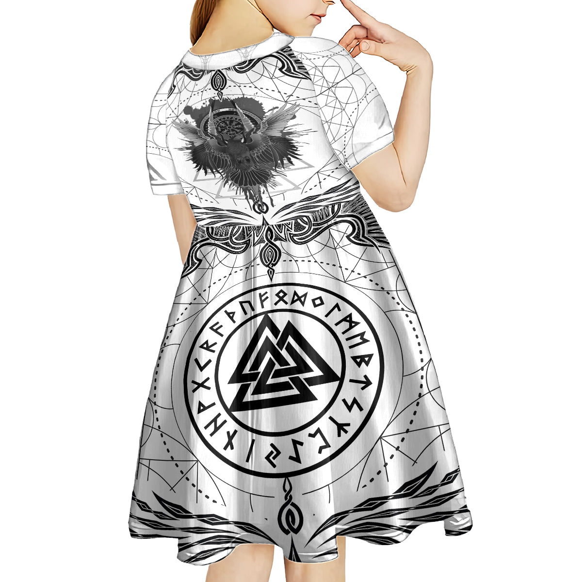 Mystic Valknut and Viking Circle Kid Short Sleeve Dress with Twin Raven Accents - Wonder Print Shop