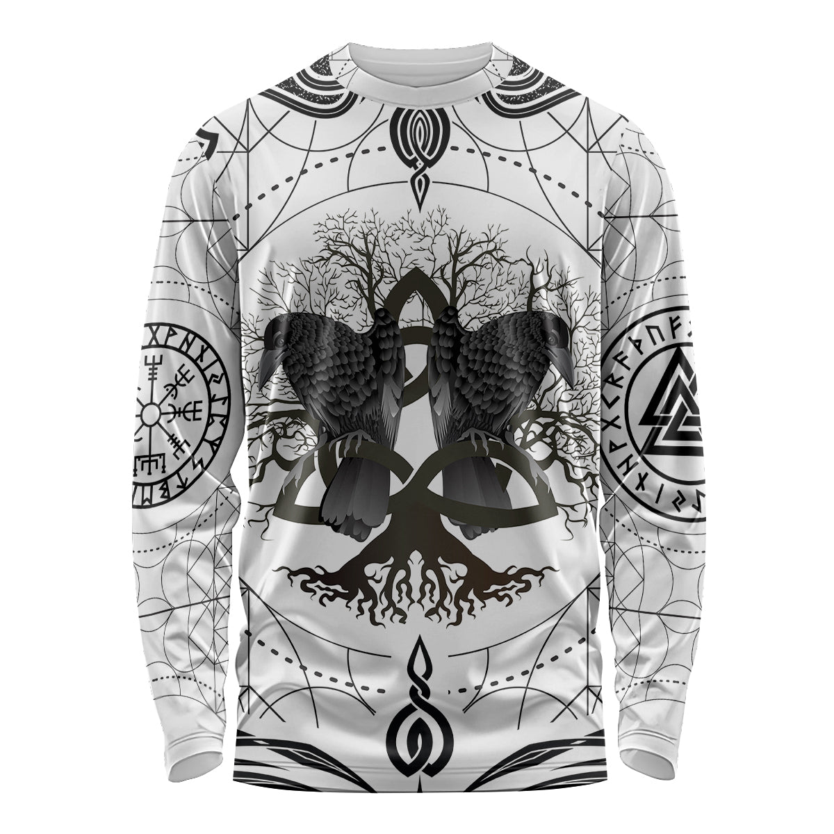 Mystic Valknut and Viking Circle Long Sleeve Shirt with Twin Raven Accents - Wonder Print Shop