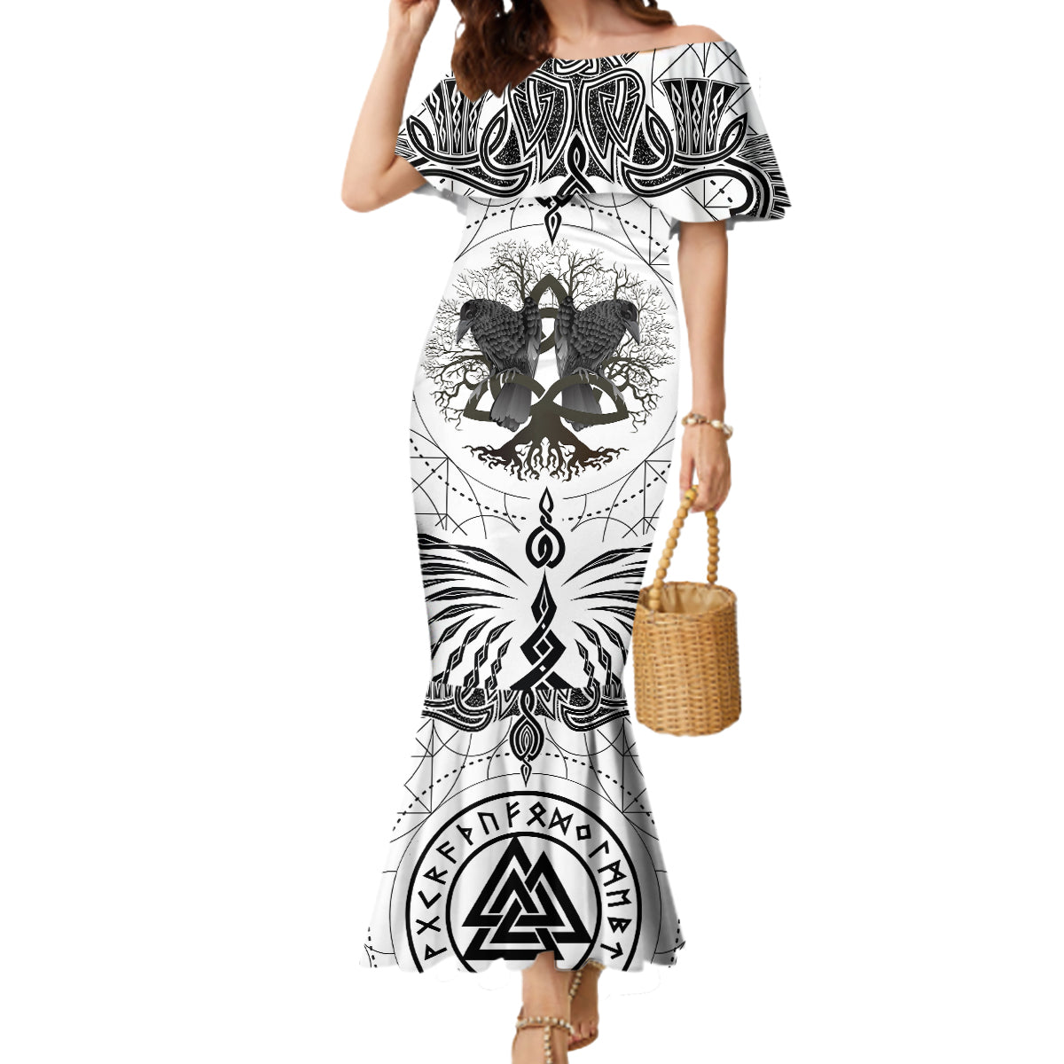 Mystic Valknut and Viking Circle Mermaid Dress with Twin Raven Accents - Wonder Print Shop