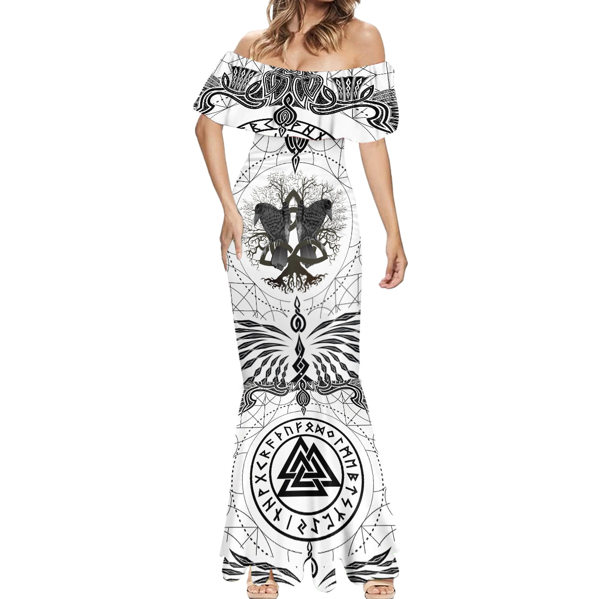 Mystic Valknut and Viking Circle Mermaid Dress with Twin Raven Accents - Wonder Print Shop