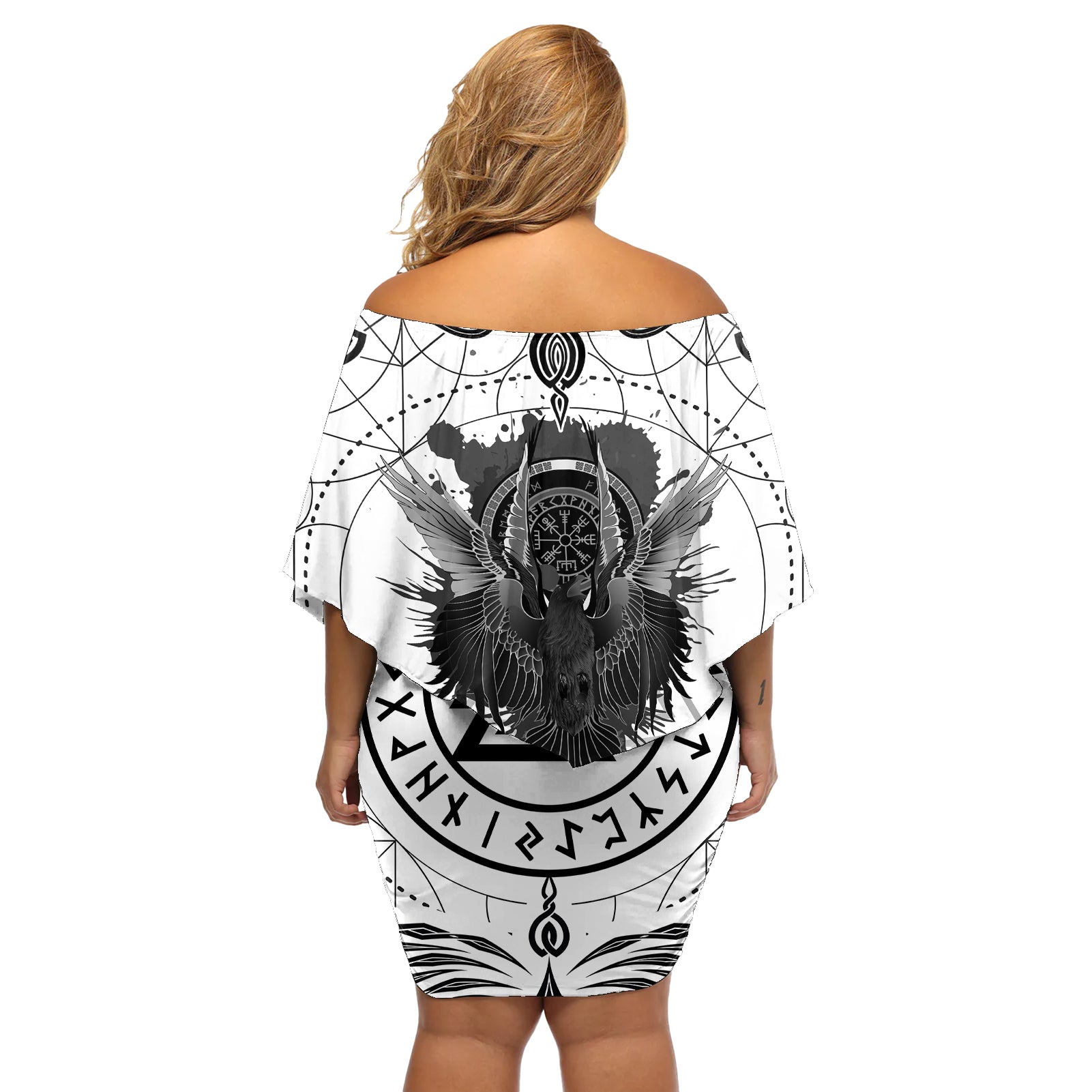 Mystic Valknut and Viking Circle Off Shoulder Short Dress with Twin Raven Accents - Wonder Print Shop