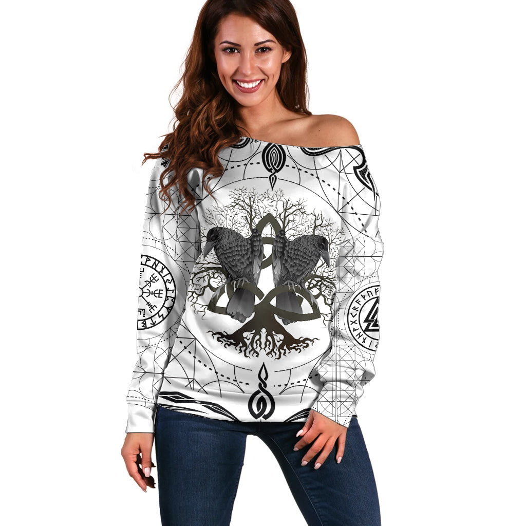 Mystic Valknut and Viking Circle Off Shoulder Sweater with Twin Raven Accents - Wonder Print Shop