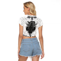 Mystic Valknut and Viking Circle Raglan Cropped T Shirt with Twin Raven Accents - Wonder Print Shop