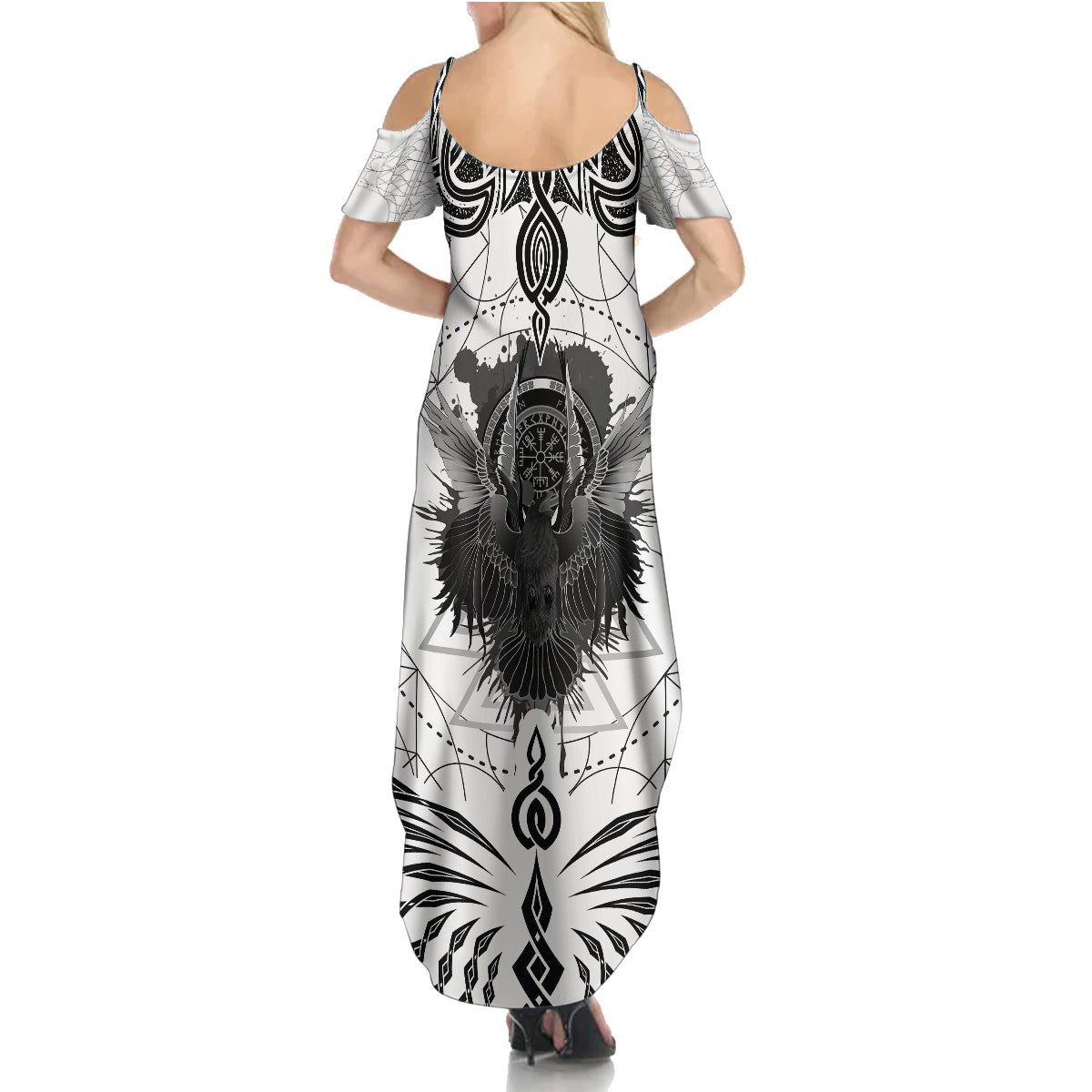 Mystic Valknut and Viking Circle Summer Maxi Dress with Twin Raven Accents - Wonder Print Shop