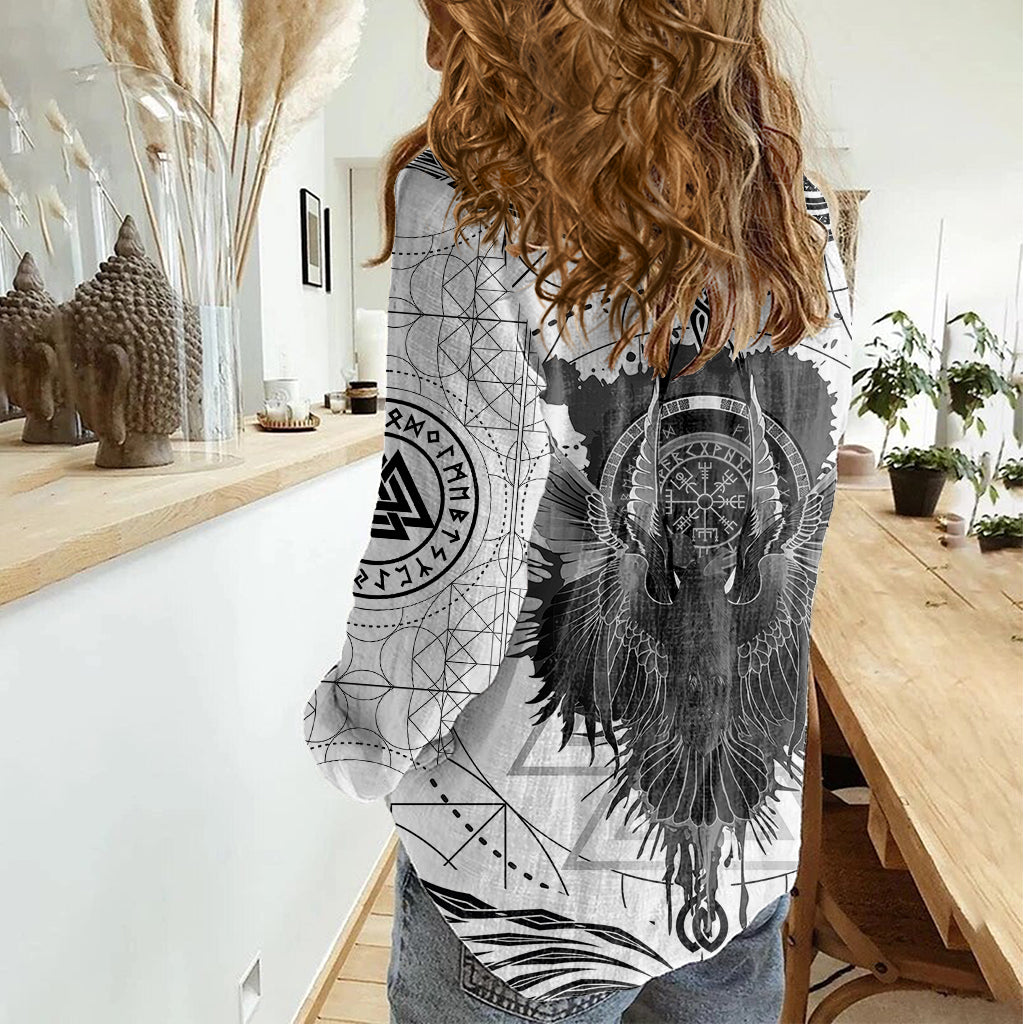 Mystic Valknut and Viking Circle Women Casual Shirt with Twin Raven Accents - Wonder Print Shop