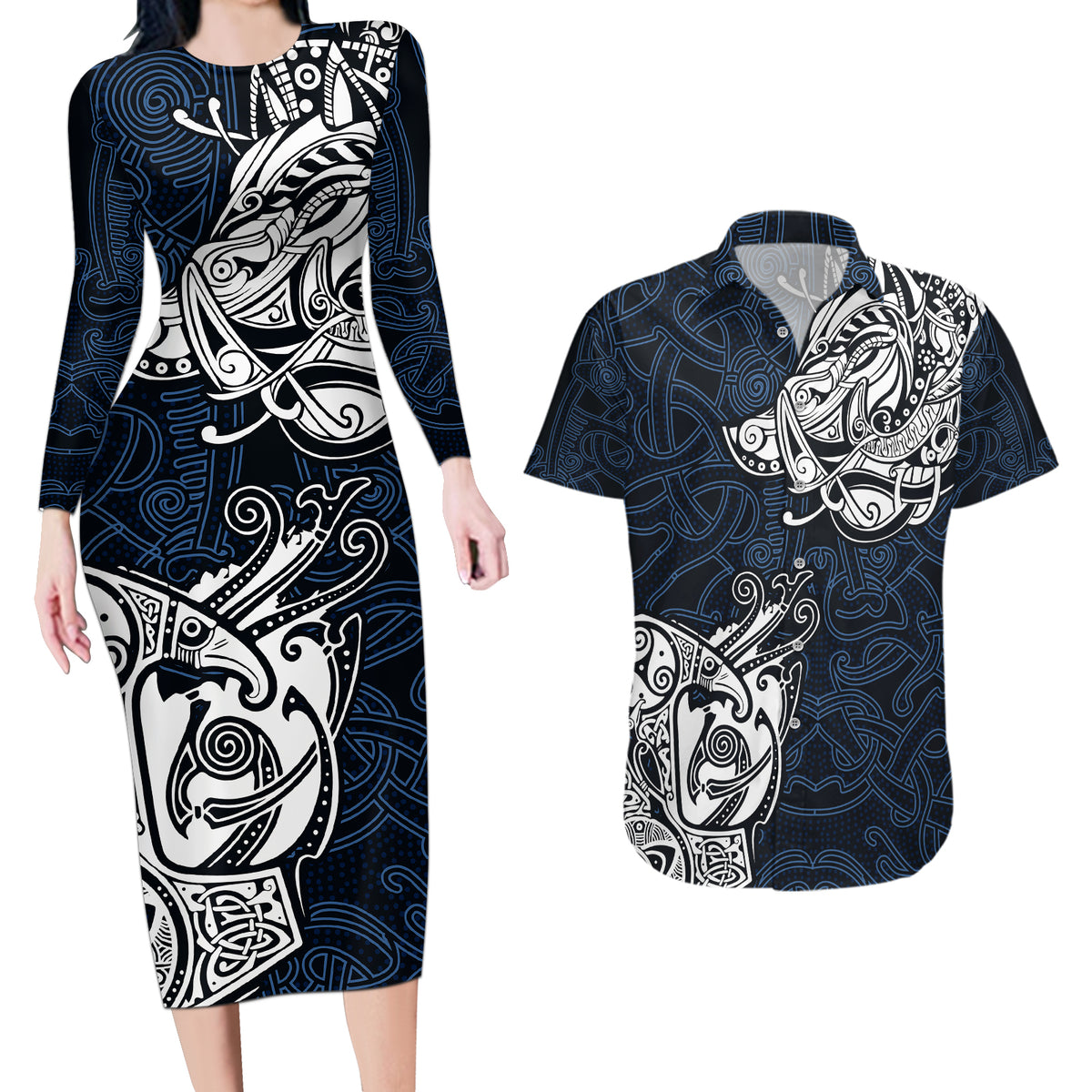 Viking Couples Matching Long Sleeve Bodycon Dress and Hawaiian Shirt Legendary Viking Boar and Intricate Norse Patterns - Wonder Print Shop