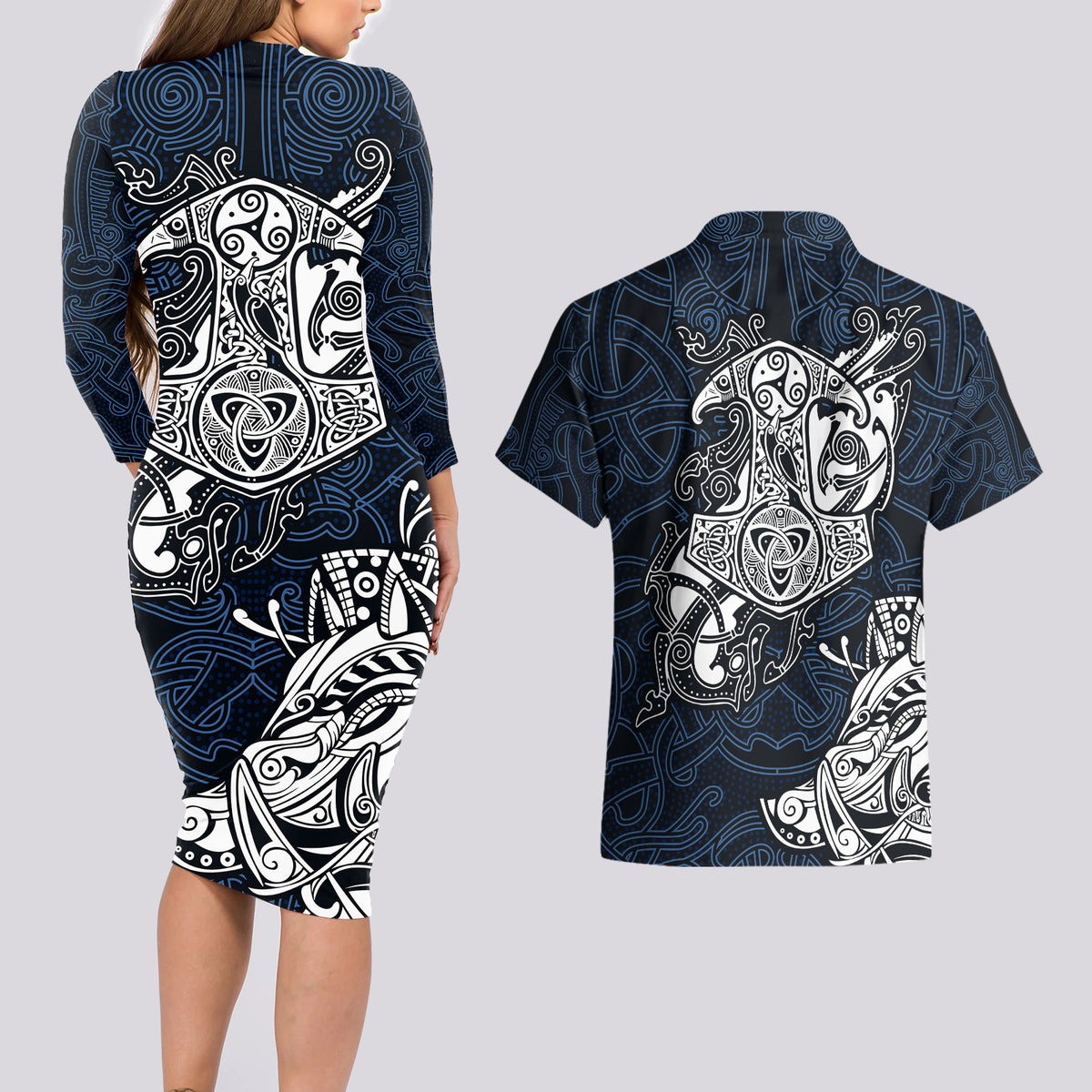 Viking Couples Matching Long Sleeve Bodycon Dress and Hawaiian Shirt Legendary Viking Boar and Intricate Norse Patterns - Wonder Print Shop