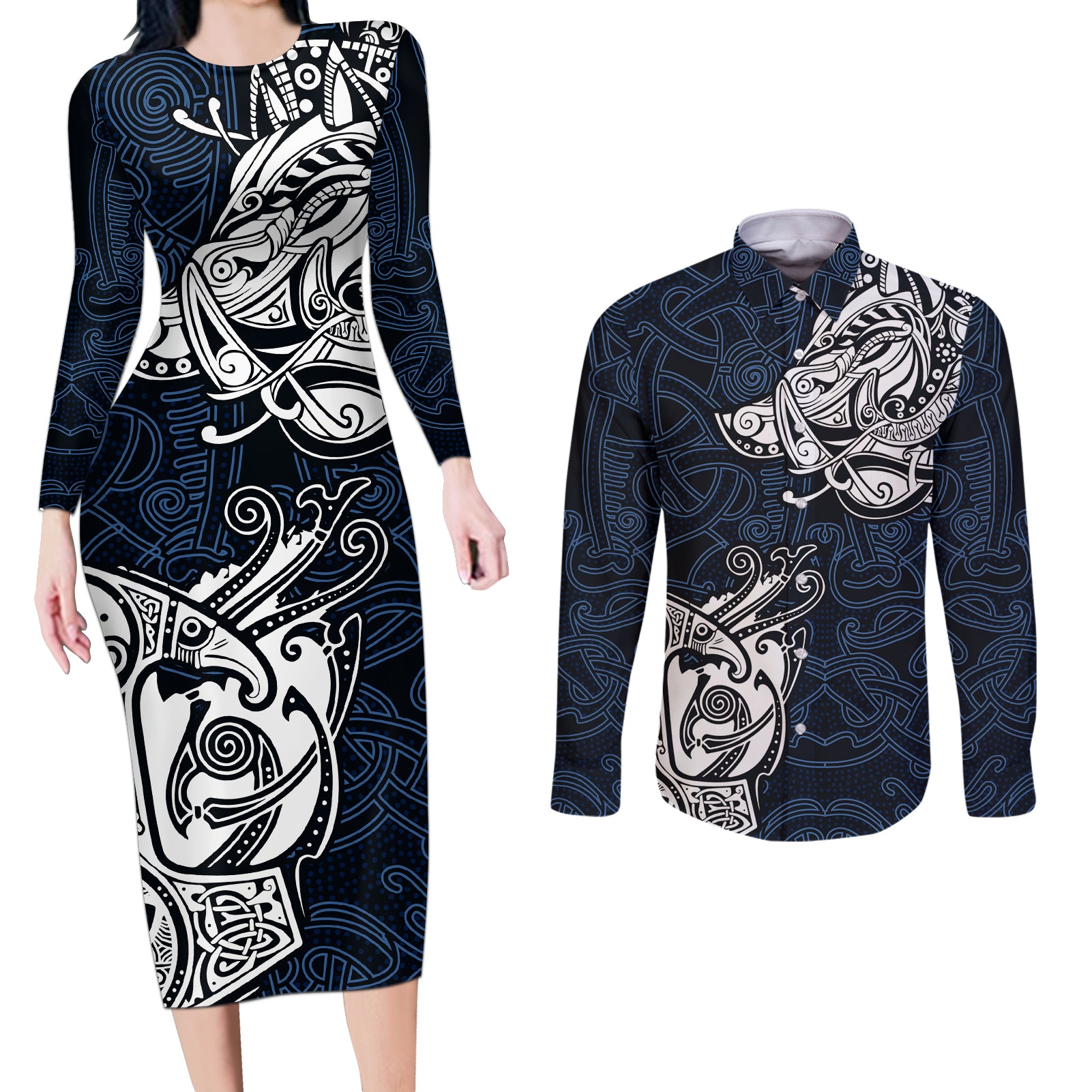 Viking Couples Matching Long Sleeve Bodycon Dress and Long Sleeve Button Shirts Legendary Viking Boar and Intricate Norse Patterns - Wonder Print Shop