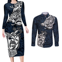 Viking Couples Matching Long Sleeve Bodycon Dress and Long Sleeve Button Shirts Legendary Viking Boar and Intricate Norse Patterns - Wonder Print Shop