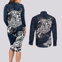 Viking Couples Matching Long Sleeve Bodycon Dress and Long Sleeve Button Shirts Legendary Viking Boar and Intricate Norse Patterns - Wonder Print Shop