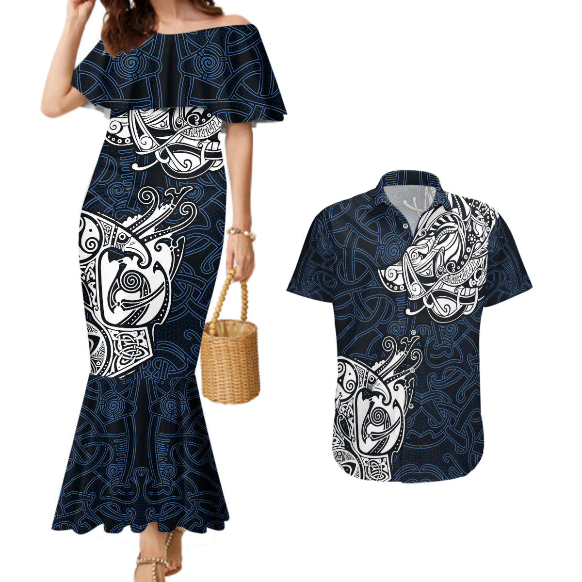Viking Couples Matching Mermaid Dress and Hawaiian Shirt Legendary Viking Boar and Intricate Norse Patterns - Wonder Print Shop