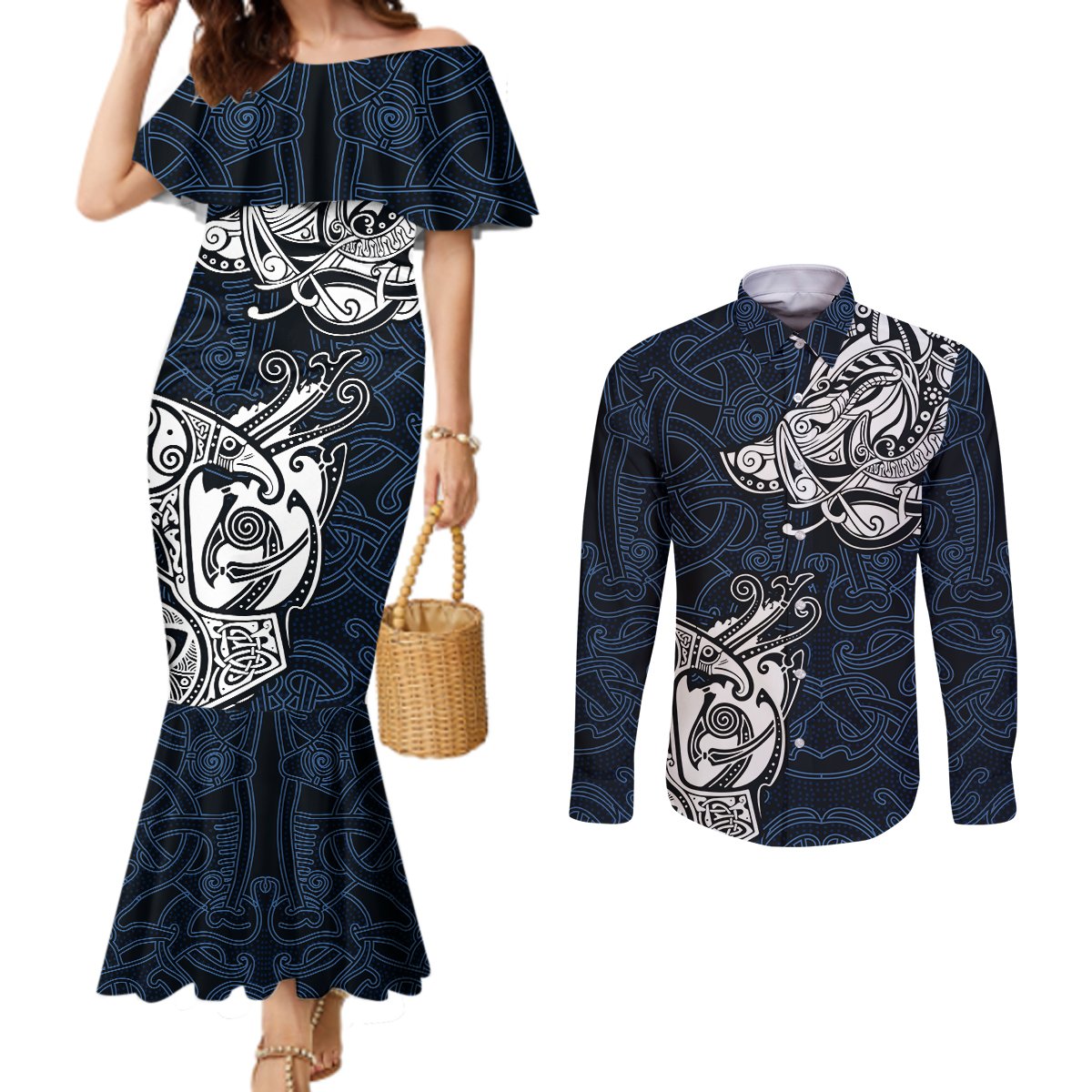 viking-couples-matching-mermaid-dress-and-long-sleeve-button-shirts-legendary-viking-boar-and-intricate-norse-patterns