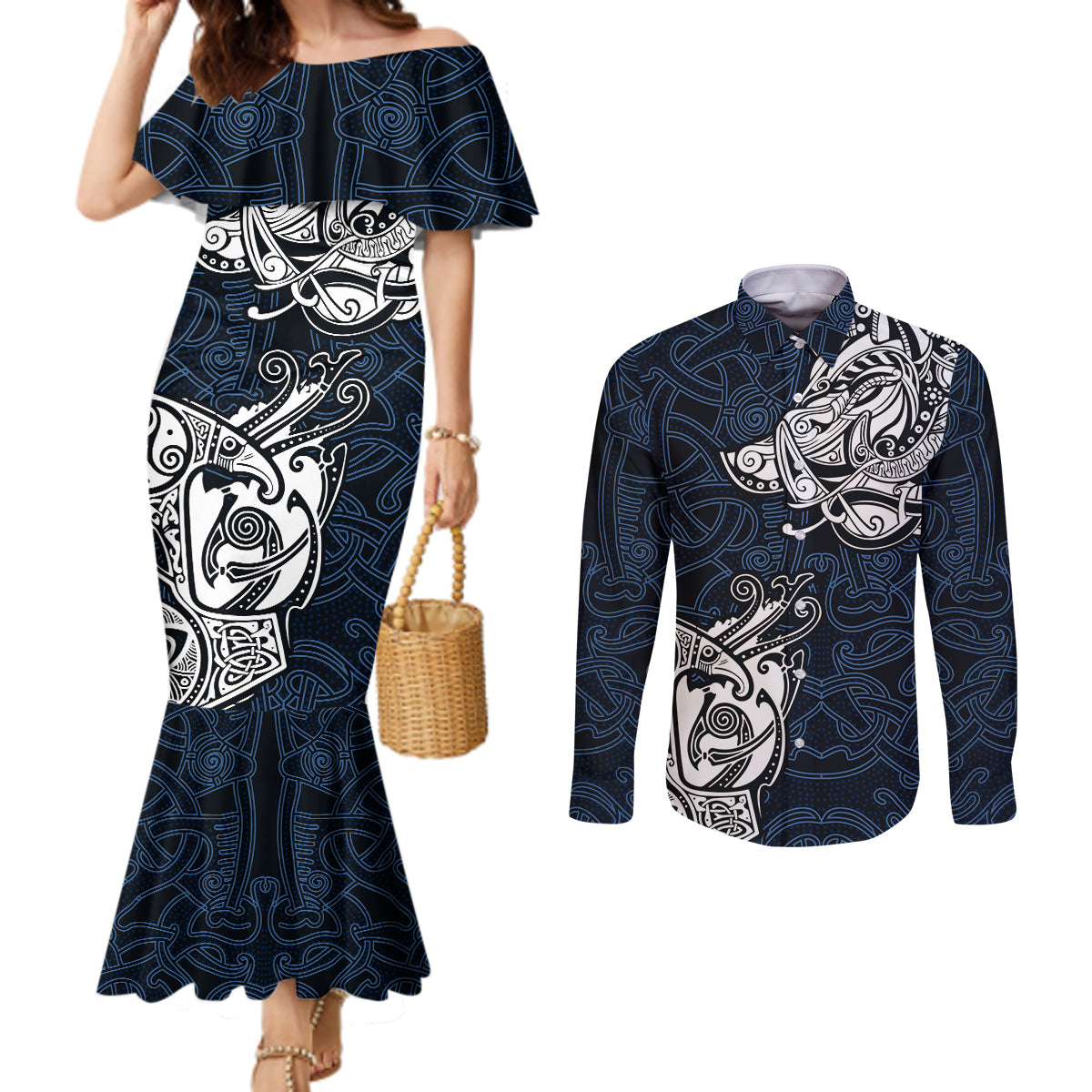 viking-couples-matching-mermaid-dress-and-long-sleeve-button-shirts-legendary-viking-boar-and-intricate-norse-patterns