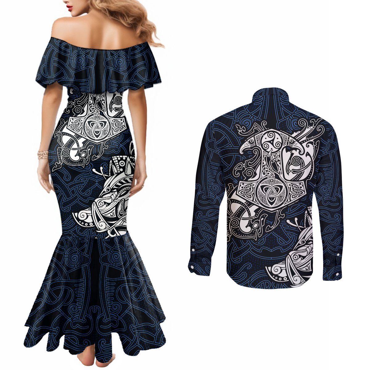 viking-couples-matching-mermaid-dress-and-long-sleeve-button-shirts-legendary-viking-boar-and-intricate-norse-patterns