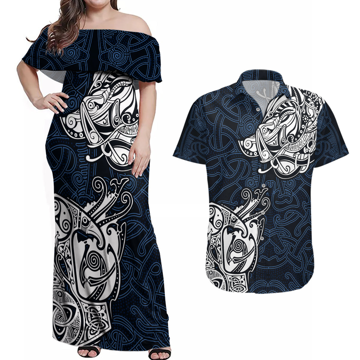 Viking Couples Matching Off Shoulder Maxi Dress and Hawaiian Shirt Legendary Viking Boar and Intricate Norse Patterns - Wonder Print Shop