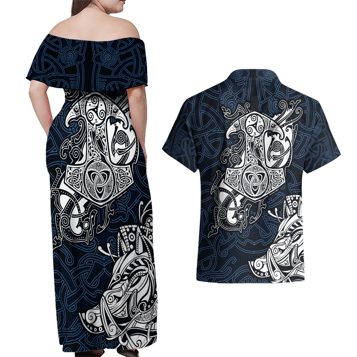 Viking Couples Matching Off Shoulder Maxi Dress and Hawaiian Shirt Legendary Viking Boar and Intricate Norse Patterns - Wonder Print Shop