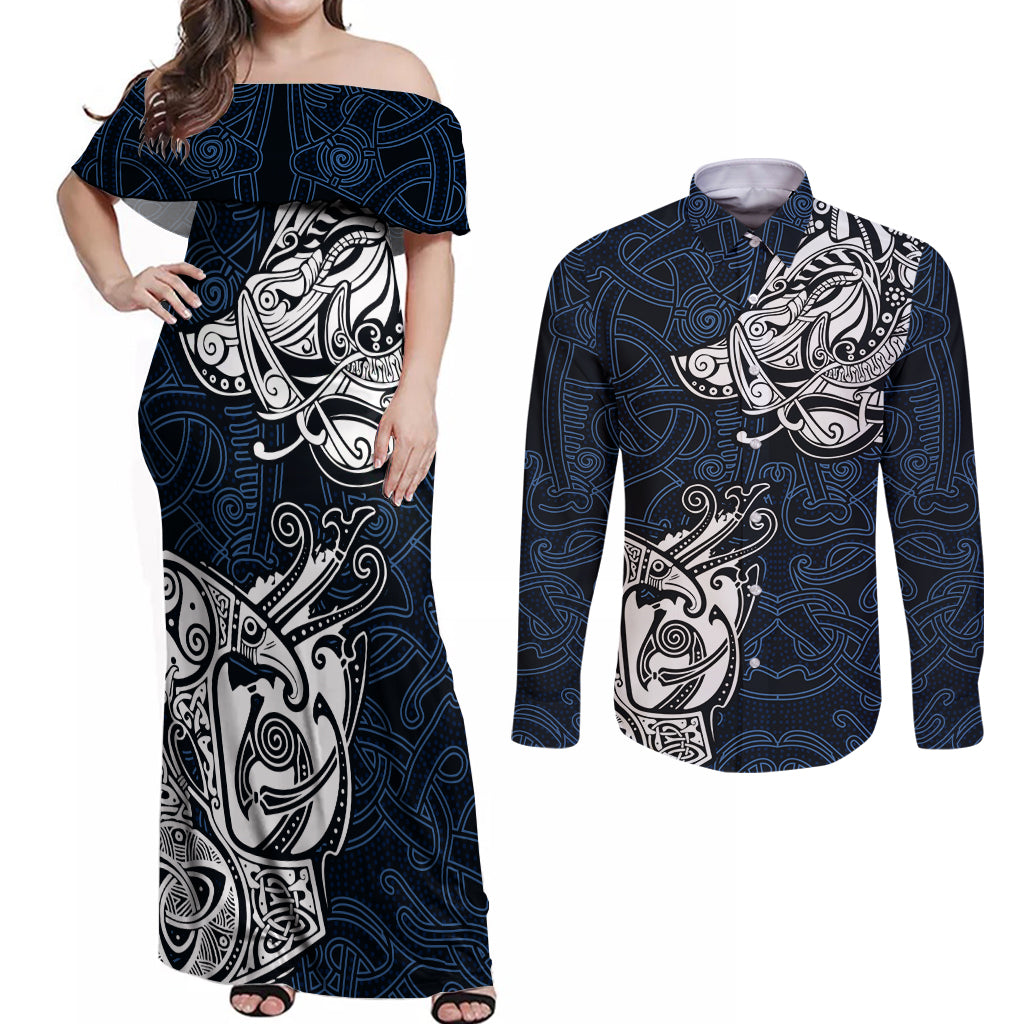 Viking Couples Matching Off Shoulder Maxi Dress and Long Sleeve Button Shirts Legendary Viking Boar and Intricate Norse Patterns - Wonder Print Shop