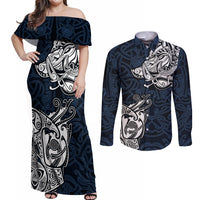 Viking Couples Matching Off Shoulder Maxi Dress and Long Sleeve Button Shirts Legendary Viking Boar and Intricate Norse Patterns - Wonder Print Shop