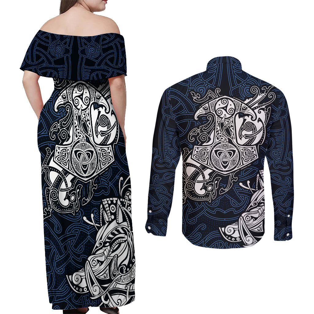 Viking Couples Matching Off Shoulder Maxi Dress and Long Sleeve Button Shirts Legendary Viking Boar and Intricate Norse Patterns - Wonder Print Shop