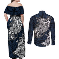 Viking Couples Matching Off Shoulder Maxi Dress and Long Sleeve Button Shirts Legendary Viking Boar and Intricate Norse Patterns - Wonder Print Shop