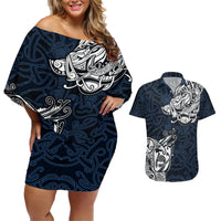 Viking Couples Matching Off Shoulder Short Dress and Hawaiian Shirt Legendary Viking Boar and Intricate Norse Patterns - Wonder Print Shop