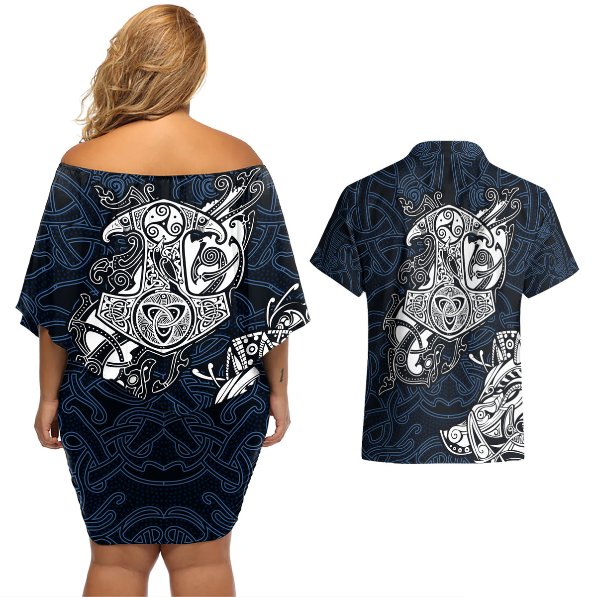 Viking Couples Matching Off Shoulder Short Dress and Hawaiian Shirt Legendary Viking Boar and Intricate Norse Patterns - Wonder Print Shop