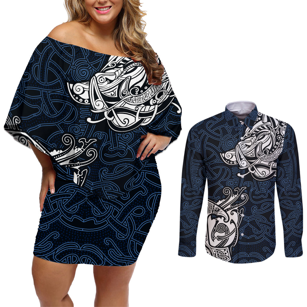 Viking Couples Matching Off Shoulder Short Dress and Long Sleeve Button Shirts Legendary Viking Boar and Intricate Norse Patterns - Wonder Print Shop