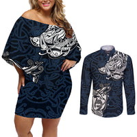Viking Couples Matching Off Shoulder Short Dress and Long Sleeve Button Shirts Legendary Viking Boar and Intricate Norse Patterns - Wonder Print Shop