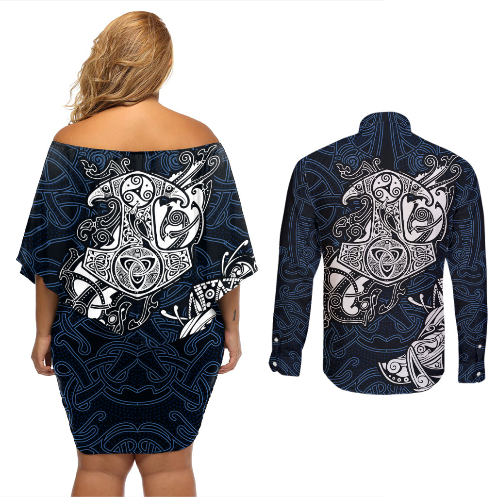 Viking Couples Matching Off Shoulder Short Dress and Long Sleeve Button Shirts Legendary Viking Boar and Intricate Norse Patterns - Wonder Print Shop