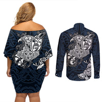 Viking Couples Matching Off Shoulder Short Dress and Long Sleeve Button Shirts Legendary Viking Boar and Intricate Norse Patterns - Wonder Print Shop
