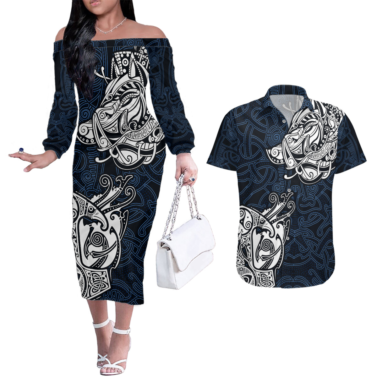 Viking Couples Matching Off The Shoulder Long Sleeve Dress and Hawaiian Shirt Legendary Viking Boar and Intricate Norse Patterns - Wonder Print Shop