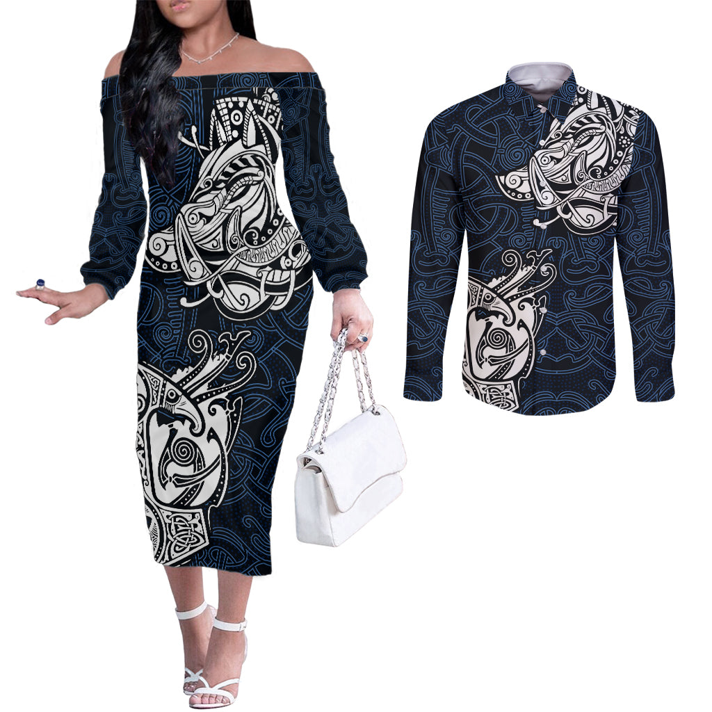 viking-couples-matching-off-the-shoulder-long-sleeve-dress-and-long-sleeve-button-shirts-legendary-viking-boar-and-intricate-norse-patterns