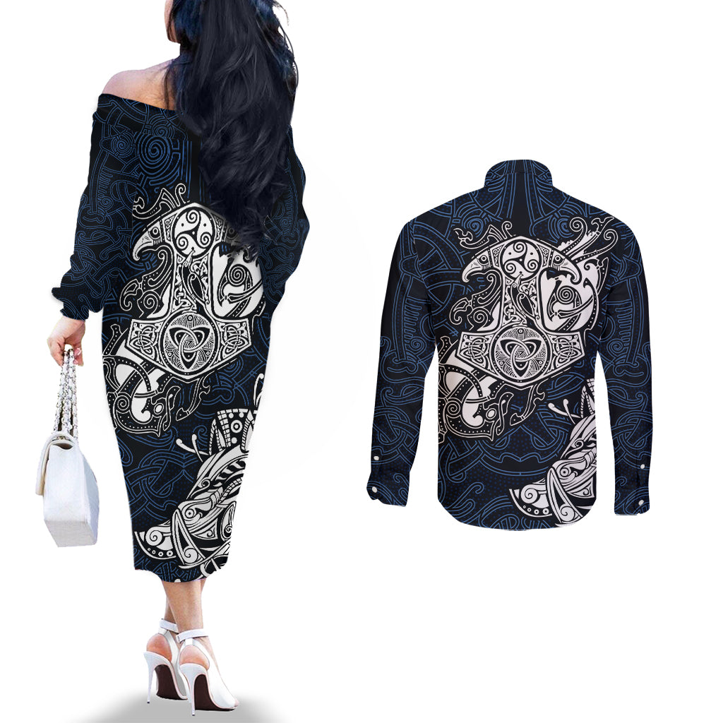 viking-couples-matching-off-the-shoulder-long-sleeve-dress-and-long-sleeve-button-shirts-legendary-viking-boar-and-intricate-norse-patterns