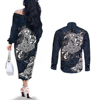 viking-couples-matching-off-the-shoulder-long-sleeve-dress-and-long-sleeve-button-shirts-legendary-viking-boar-and-intricate-norse-patterns