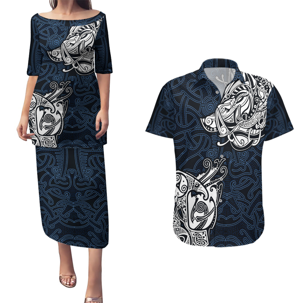 Viking Couples Matching Puletasi Dress and Hawaiian Shirt Legendary Viking Boar and Intricate Norse Patterns - Wonder Print Shop