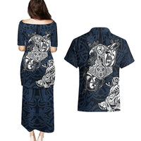 Viking Couples Matching Puletasi Dress and Hawaiian Shirt Legendary Viking Boar and Intricate Norse Patterns - Wonder Print Shop