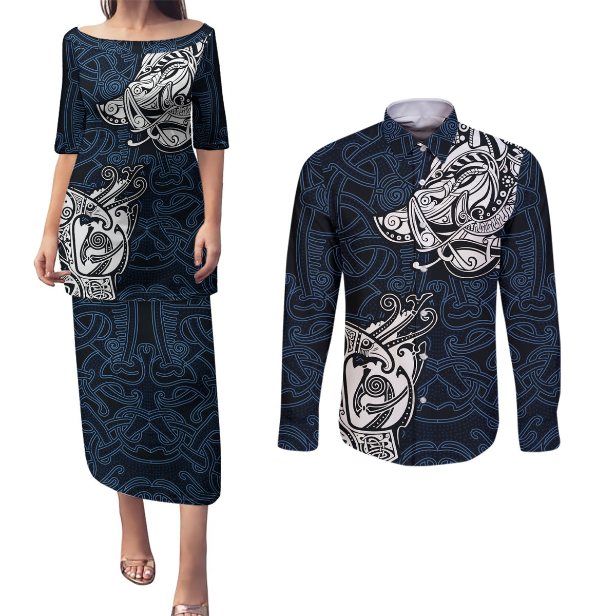 Viking Couples Matching Puletasi Dress and Long Sleeve Button Shirts Legendary Viking Boar and Intricate Norse Patterns - Wonder Print Shop
