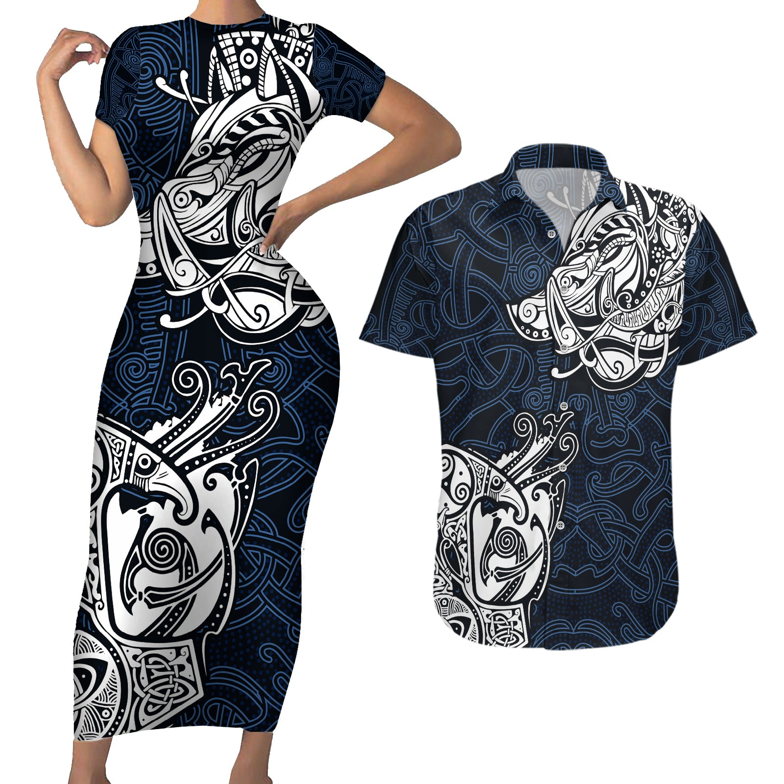 Viking Couples Matching Short Sleeve Bodycon Dress and Hawaiian Shirt Legendary Viking Boar and Intricate Norse Patterns - Wonder Print Shop