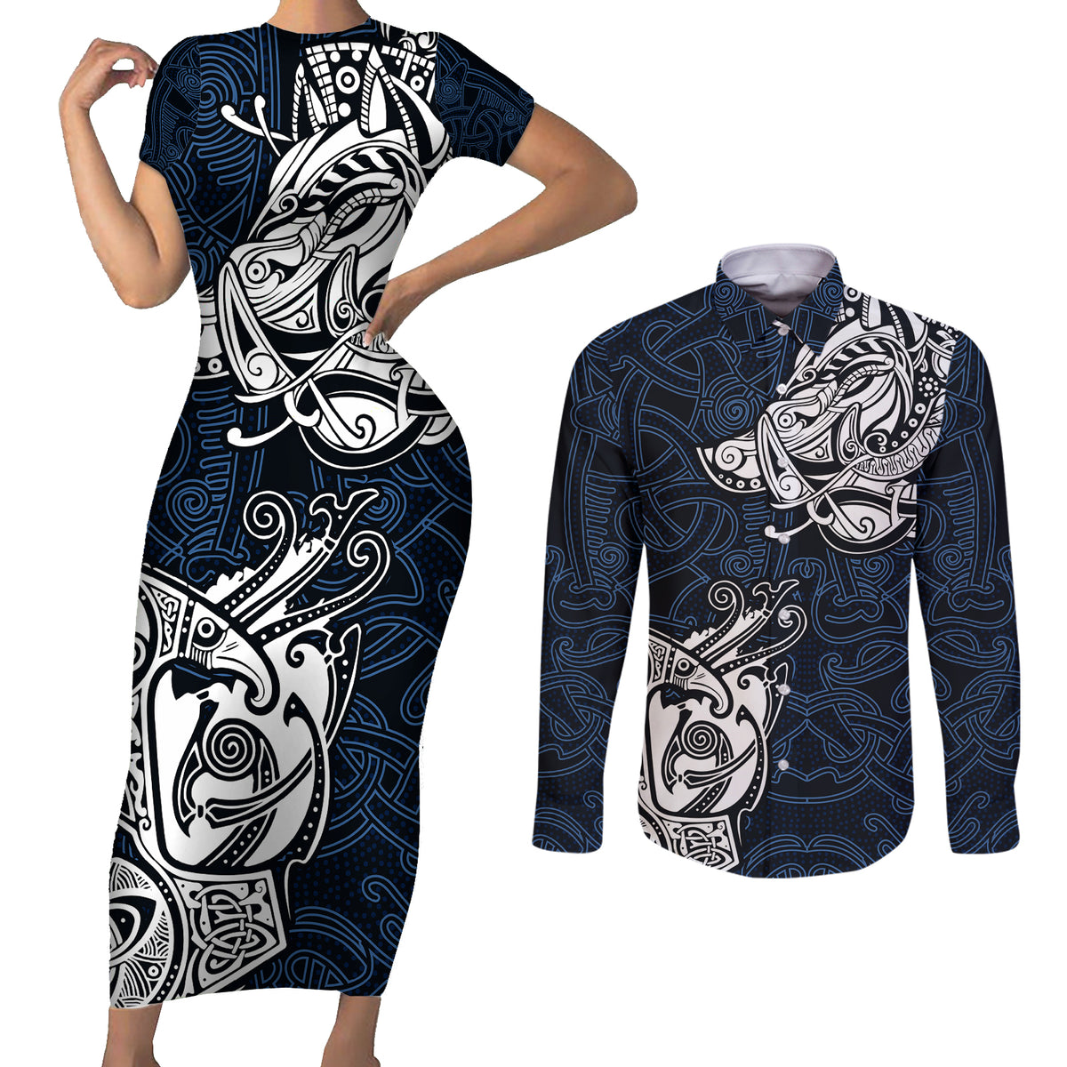 Viking Couples Matching Short Sleeve Bodycon Dress and Long Sleeve Button Shirts Legendary Viking Boar and Intricate Norse Patterns - Wonder Print Shop