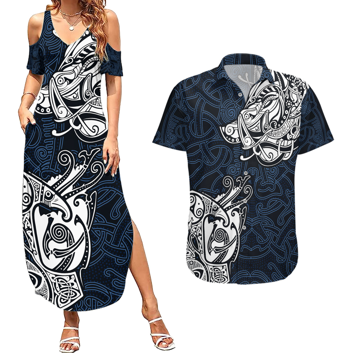 Viking Couples Matching Summer Maxi Dress and Hawaiian Shirt Legendary Viking Boar and Intricate Norse Patterns - Wonder Print Shop