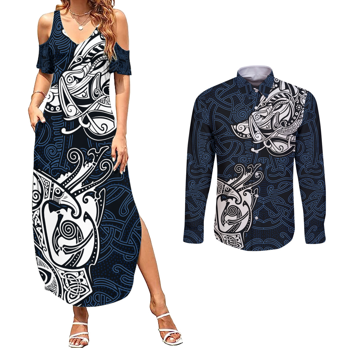Viking Couples Matching Summer Maxi Dress and Long Sleeve Button Shirts Legendary Viking Boar and Intricate Norse Patterns - Wonder Print Shop