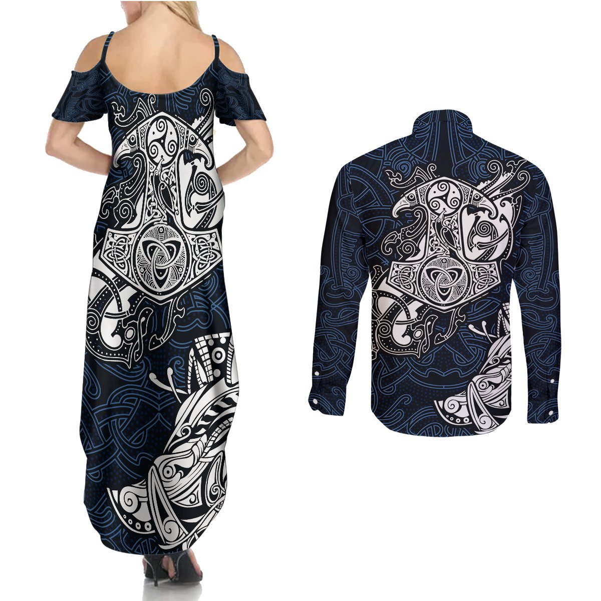 Viking Couples Matching Summer Maxi Dress and Long Sleeve Button Shirts Legendary Viking Boar and Intricate Norse Patterns - Wonder Print Shop
