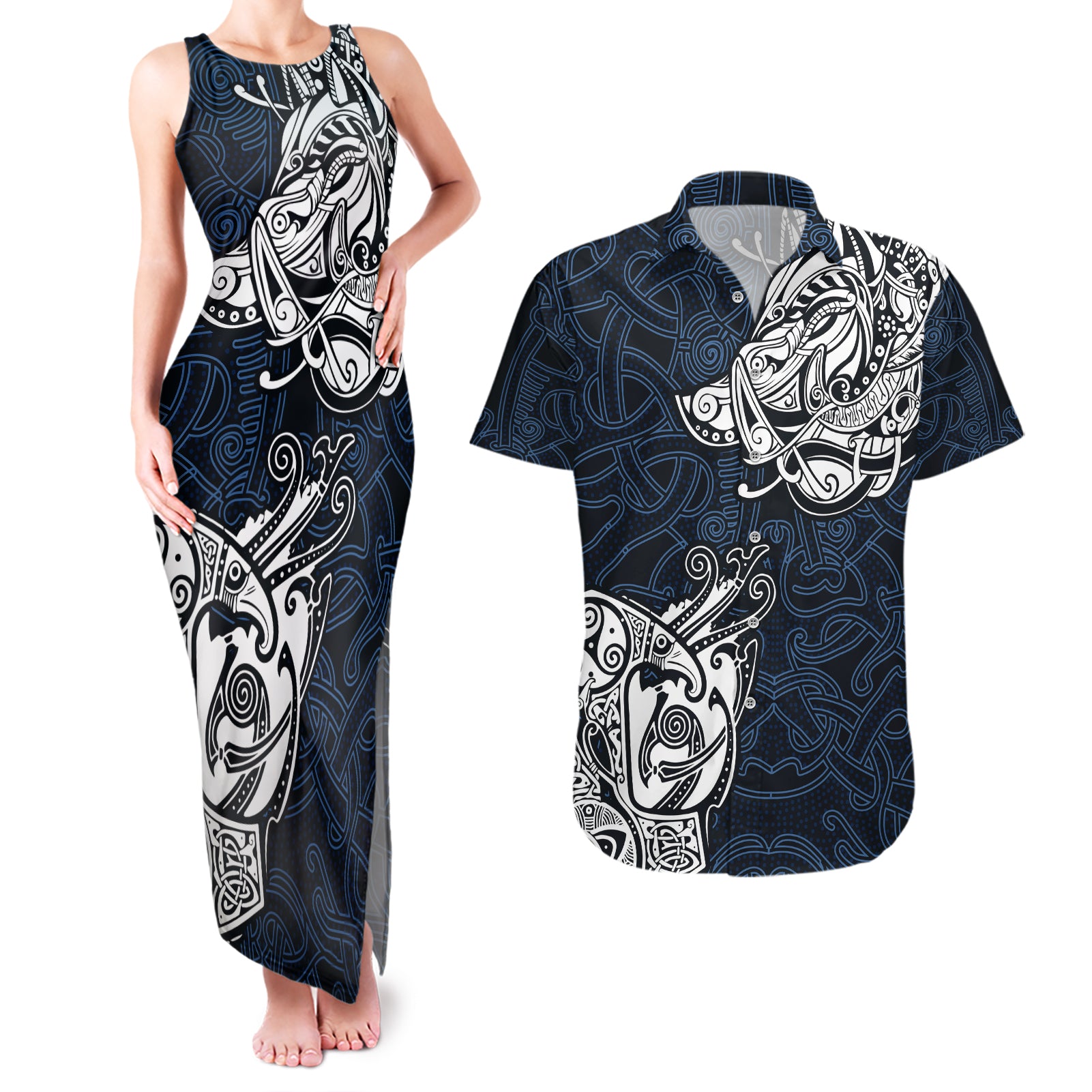 Viking Couples Matching Tank Maxi Dress and Hawaiian Shirt Legendary Viking Boar and Intricate Norse Patterns - Wonder Print Shop