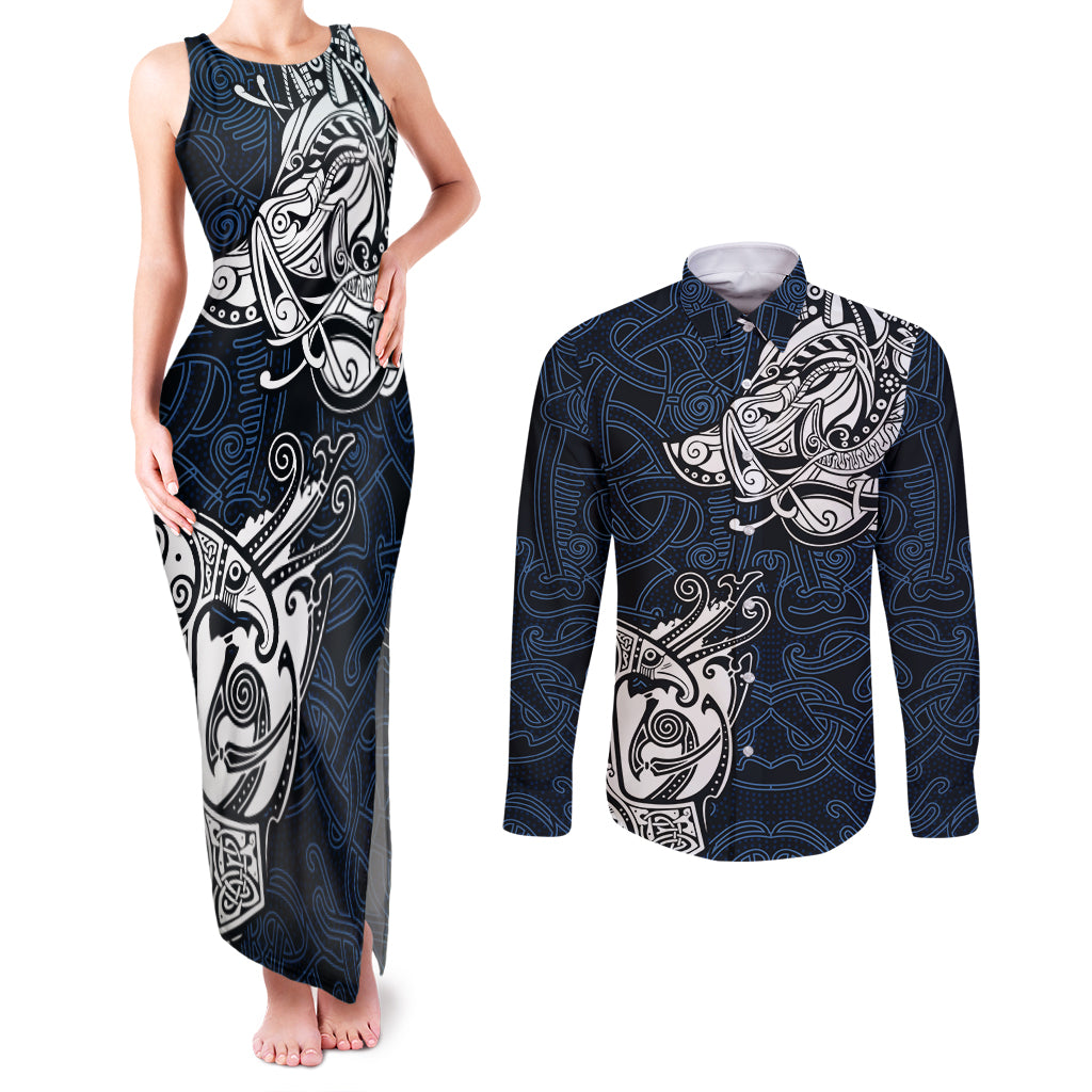Viking Couples Matching Tank Maxi Dress and Long Sleeve Button Shirts Legendary Viking Boar and Intricate Norse Patterns - Wonder Print Shop
