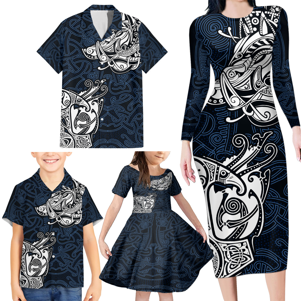 Viking Family Matching Long Sleeve Bodycon Dress and Hawaiian Shirt Legendary Viking Boar and Intricate Norse Patterns - Wonder Print Shop